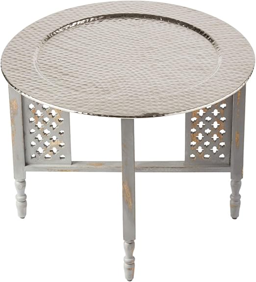 Marokkanischer Runder Tisch Couchtisch Hania O 60cm Rund Orientalischer Wohnzimmertisch Mit Klappbaren Vintage Gestell Aus Holz In Grau Das Tablett Dieser Klapptisch Ist Aus Metall In Silber Amazon De Kuche
