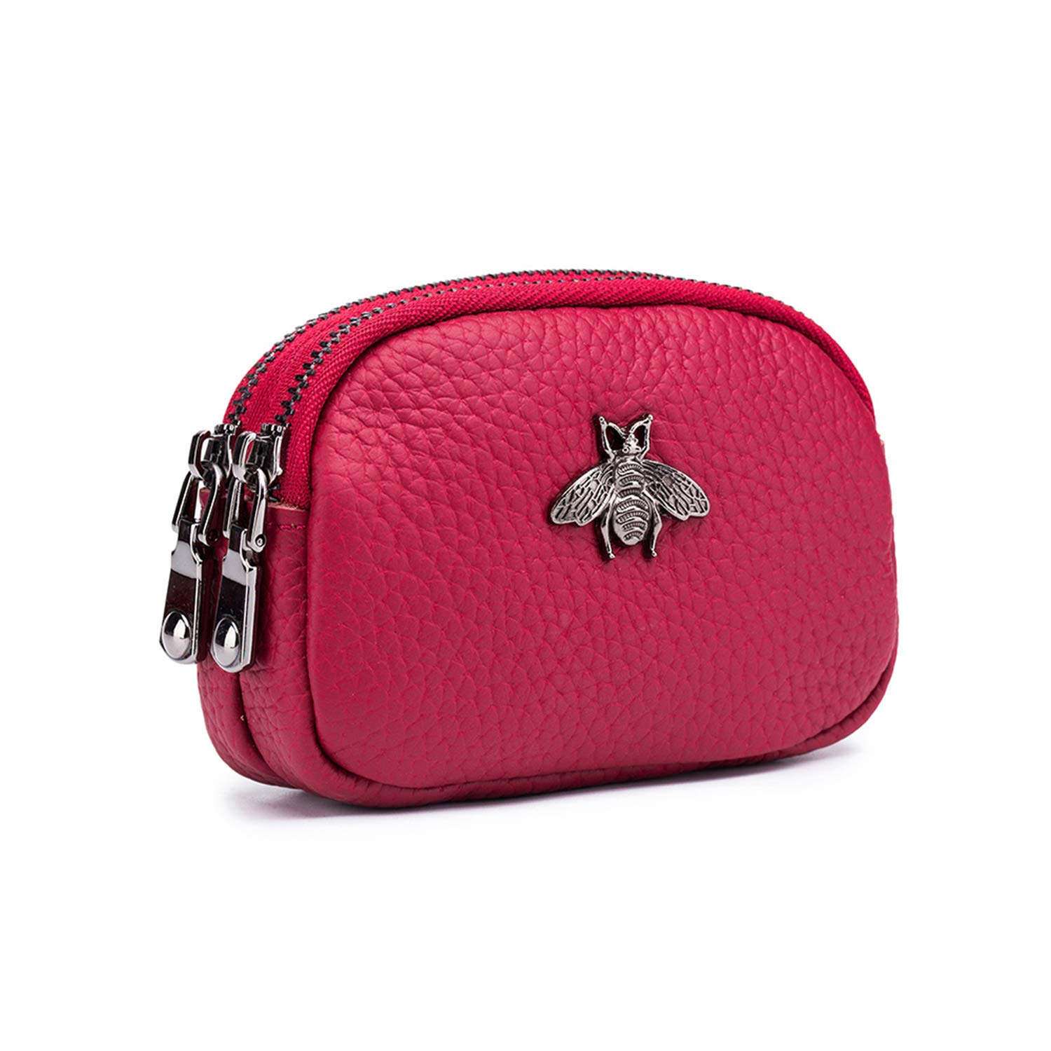 ZOONAI Genuine Leather Double Zipper Coin Purse Bee Change Pouch Credit Card Holder (Wine Red)
