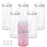 Maucircol 20 Oz Plastic Snowglobe Tumbler, 6 Pack Pre-Drilled Double Wall Acrylic Snow Globe Cup, Plastic Clear Cup for Snowglobe, with Clear Lid