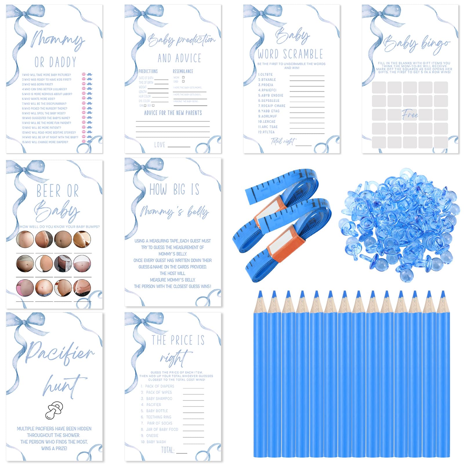 Photo 1 of Honoson Bow Baby Shower Games Kit 202 Premium Cards with 8 Games, Guess Mommy or Daddy, Baby Shower, Pacifier Hunt and More, Fun and Easy to Play, Gender Neutral for Girl Boy(Blue)