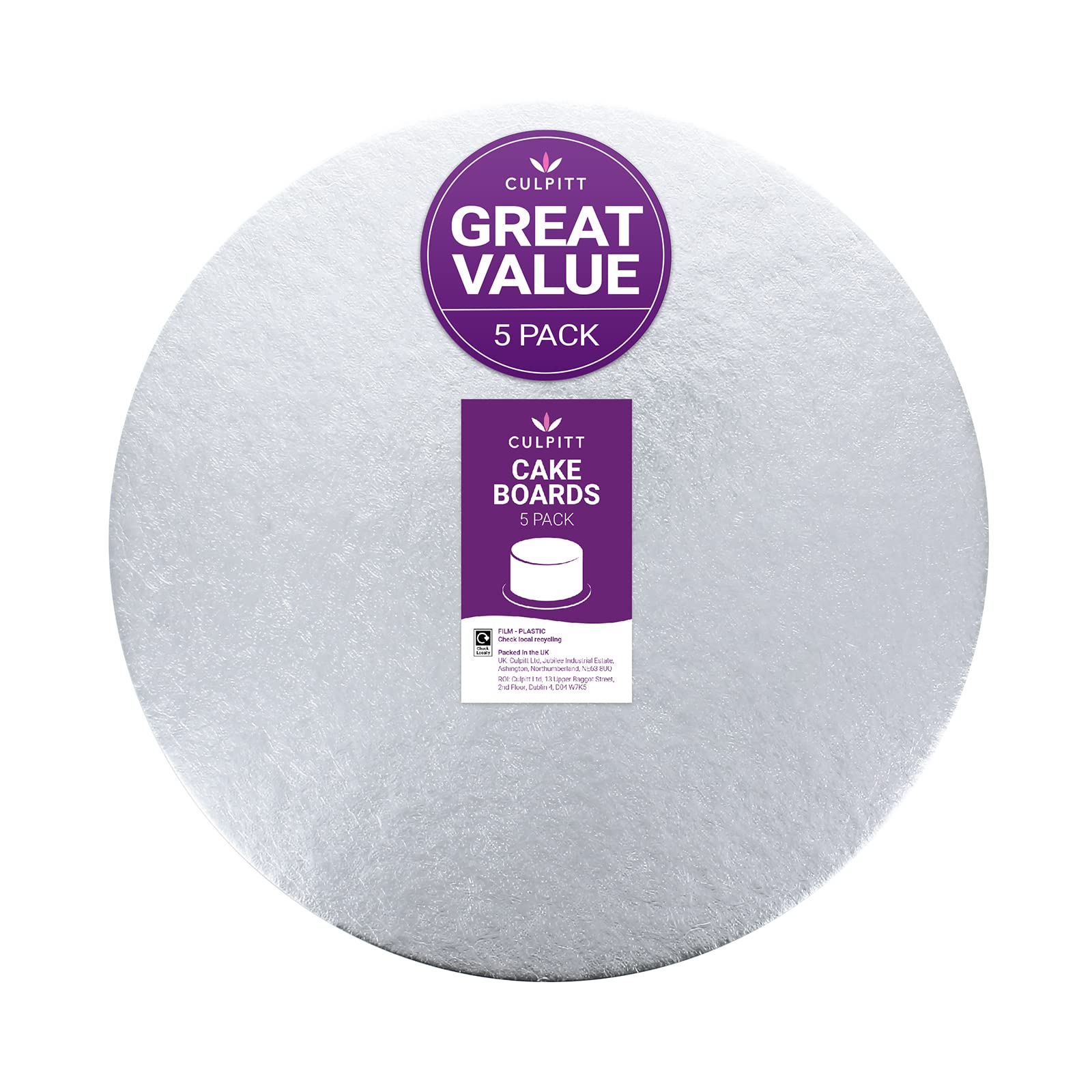 Culpitt Cut Edge Round Card, 12" Round Cake Cards, Silver Cake Boards, 1.8mm Thick, 5 Pack - 12 Inch (304mm), (CSR12AMZ5)