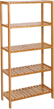Songmics Bcb35y Bathroom Kitchen Storage Bamboo 5 Shelves Adjustable Floor Height Flower Stand Book Shelf 60 X 26 X 130 Cm Natural