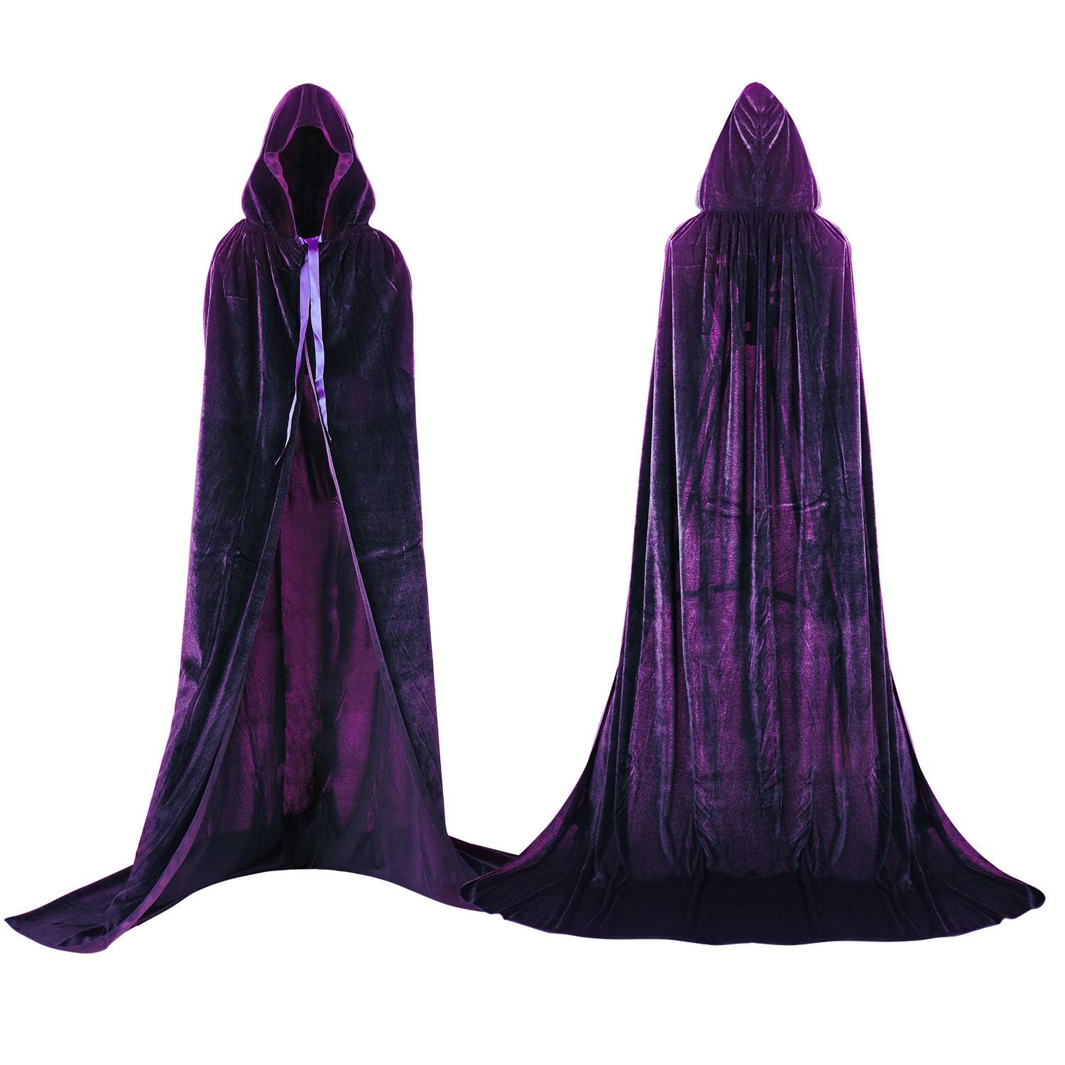 Proumhang Purple Hooded Cloak Maxi Cape Velvet Adult Costume Grim Reaper Vampire Party Halloween Costumes 130 cm