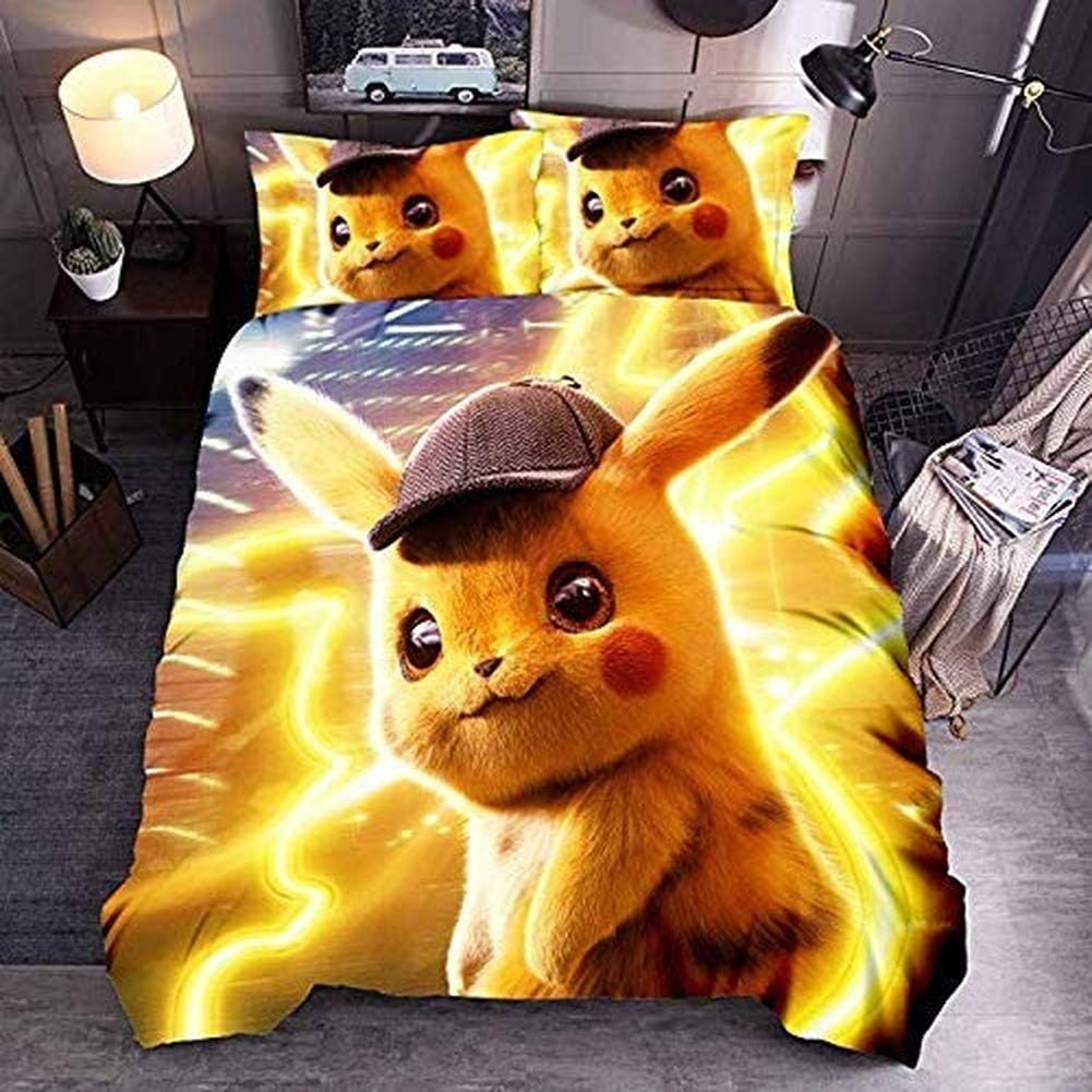 AQEWXBB Anime Cartoon Pikachu Bed Linen Set, Pokemon 3D Digital Print Bedding Set in One Bag Complete Set with Pillowcases (A08, Single 135 x 200 cm)