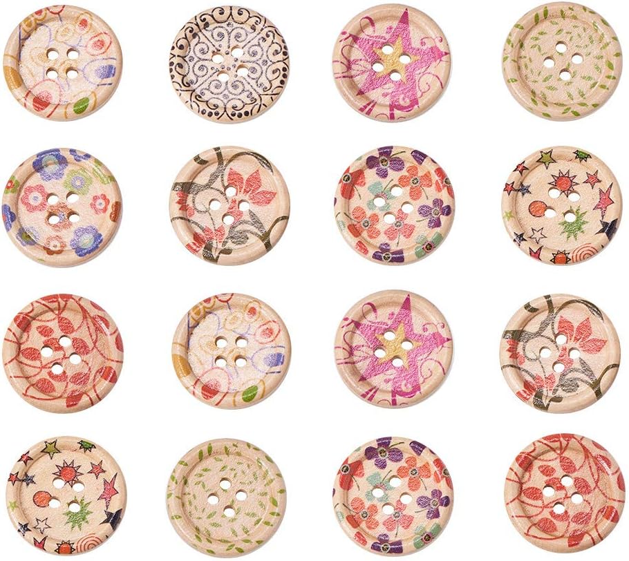 PandaHall 1 Bag Assorted Colour Round Painted 4-hole Basic Sewing Button, for Scrapbooking Craft DIY, about 25mm in diameter, 100pcs/bag