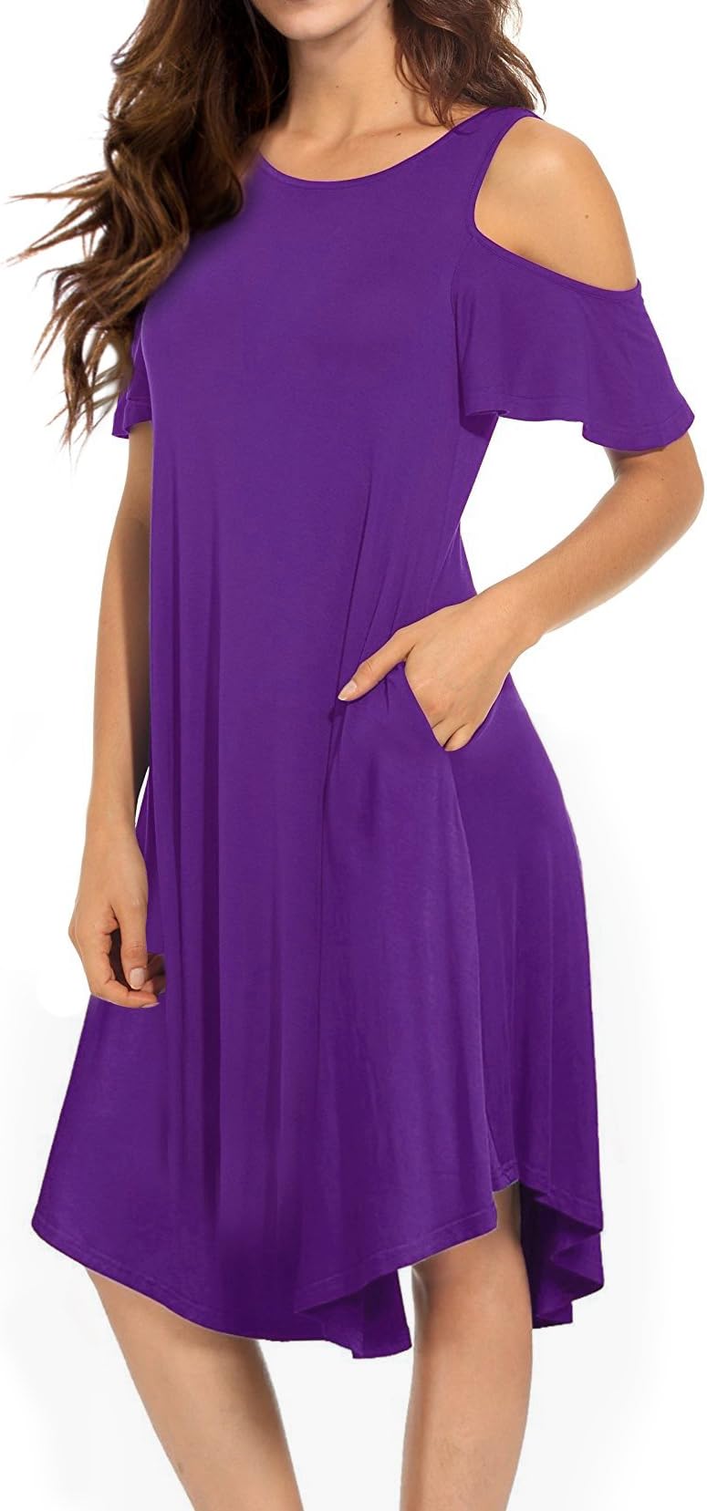 VERABENDI Women's Cold Shoulder Midi Dress Short Sleeve Swing Dress with Pockets