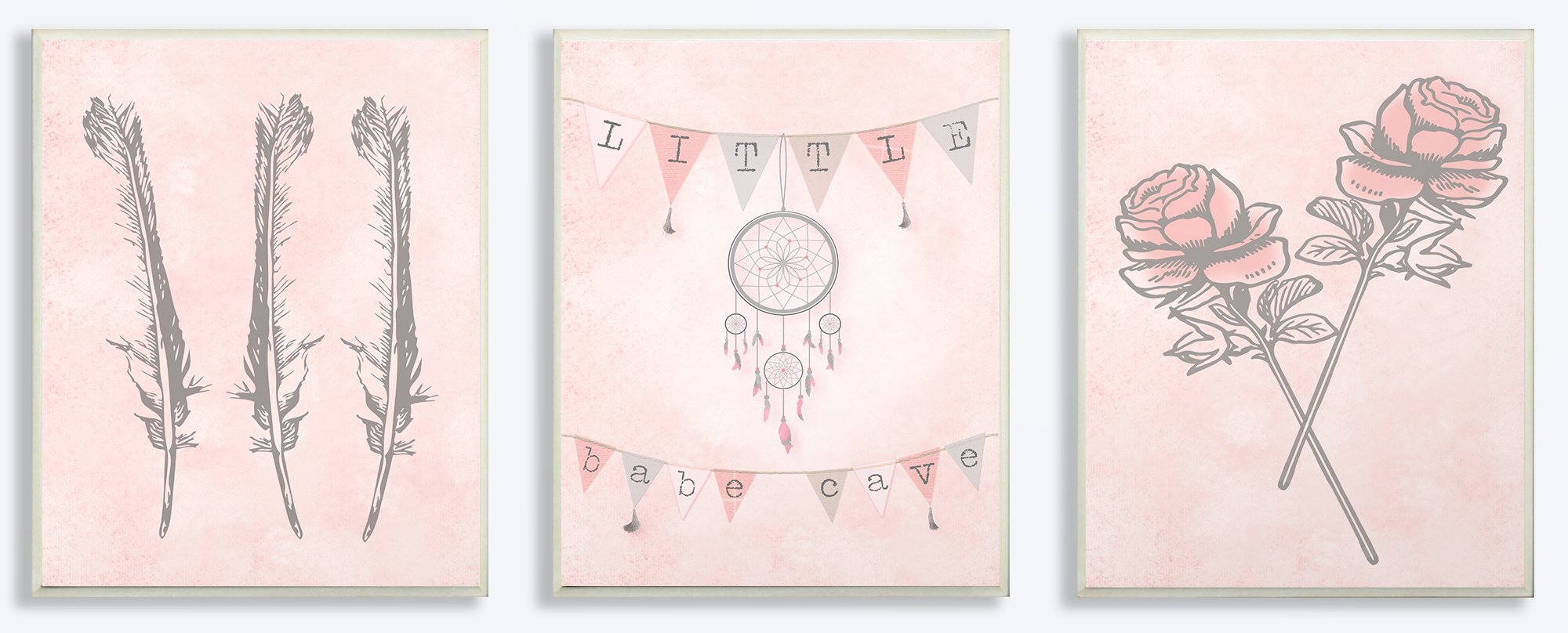 The Stupell Home Decor Collection Little Babe Cave Dreamcatcher Flowers Pink 3pc Wall Plaque Art Set, Wood, Multi-Colour, 10 x 15