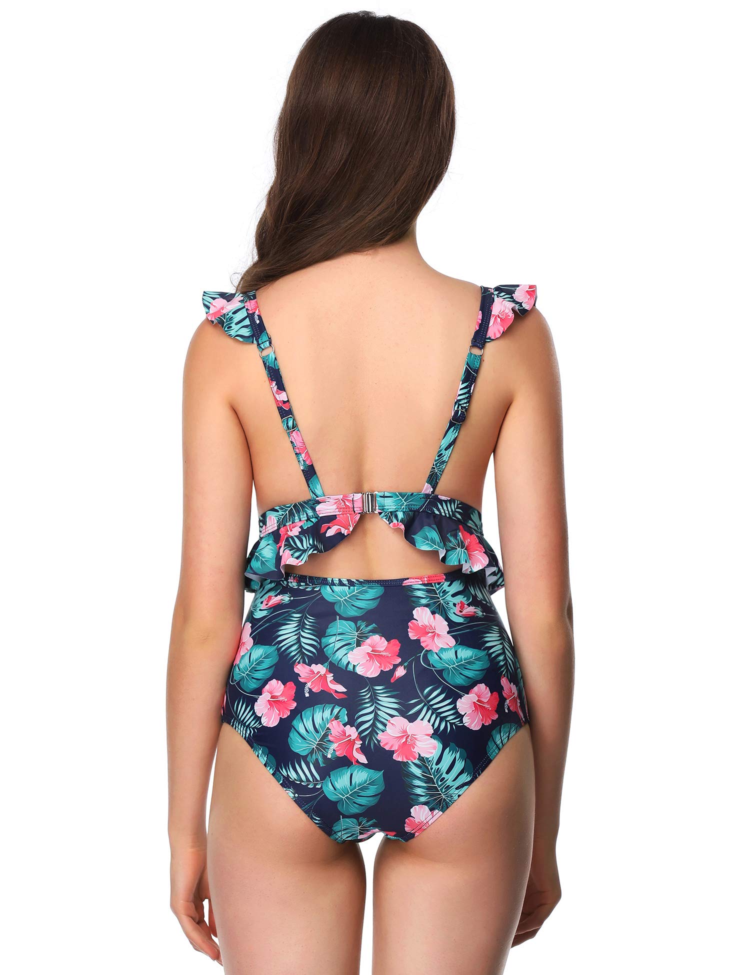 Verano Playa Women High Waisted Cutout One Piece Swimsuit Ruffle Printed Monokini with High Leg Cut Bathing Suit