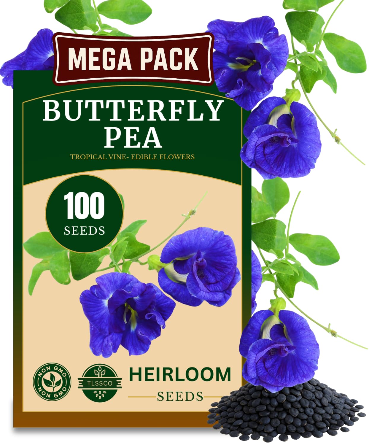 Photo 1 of 100+ ??? ??????? Butterfly Pea Flower Seeds for Planting, ???-??? Seeds, Blue Butterfly Pea Vine (Clitoria Ternatea) Asian Pigeonwings -Tropical Vine Plant - Edible Flower Seeds