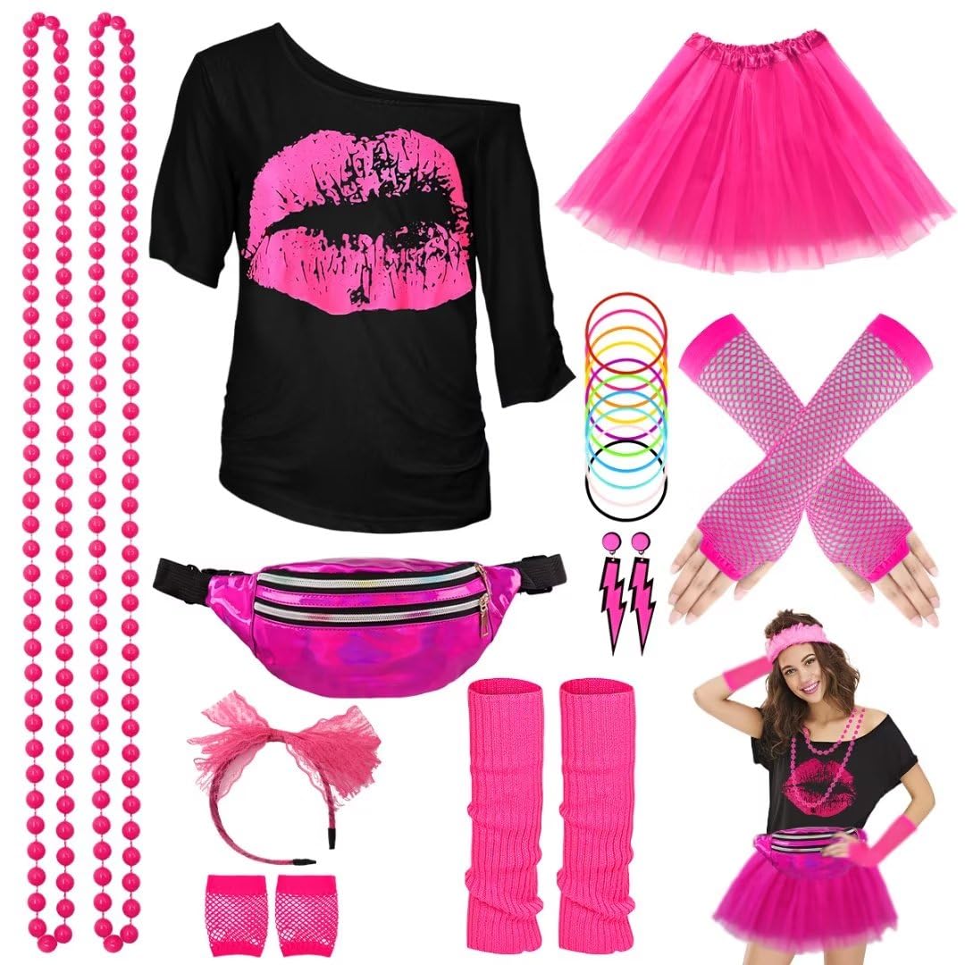 Photo 1 of WILDPARTY 80s Costume Accessories for Women, T-Shirt Tutu Fanny Pack Headband Earring Necklace Fishnet Gloves Legwarmers 80s Party Halloween Outfit for Women 24PCS (Pink XL)