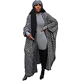 Famnbro Women Long Cardigan Sweaters Chunky Striped Open Front Batwing Sleeves Duster Knitted Outwear with Headbands