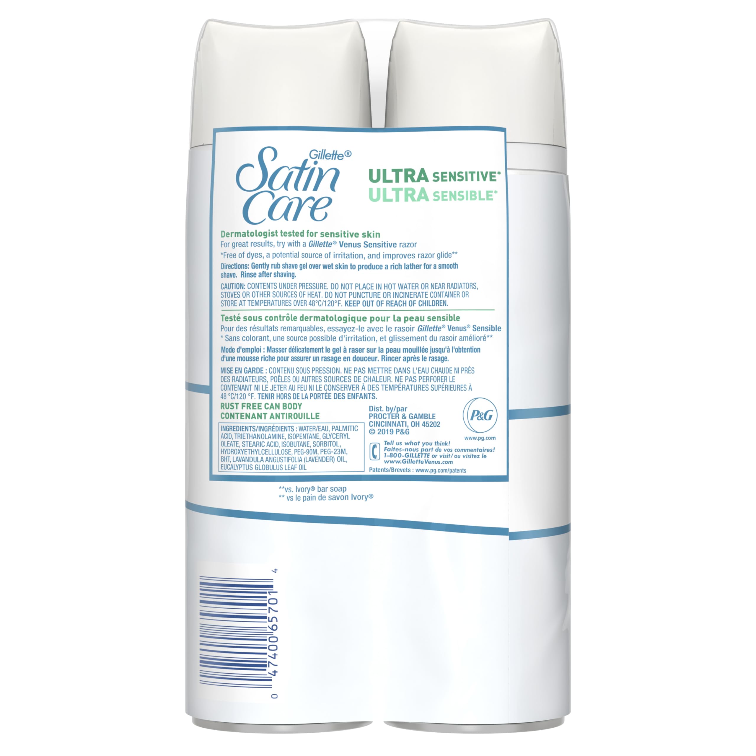 Gillette Satin Care Ultra Sensitive Shave Gel for Women, Pack of 2, 7oz Each, Frangrance Free