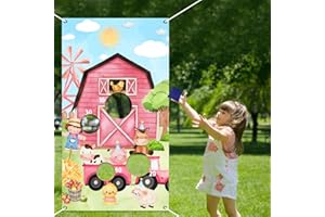 SERENCATCHER Farm Animal Bean Bag Toss Game for Kids, Bean Bag Toss Game for Girls, Pink Animal Print Banner with 3 Bean Bags for Outdoor Indoor Games Family Class Activity Birthday Party Decorations Supplies