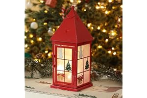 NEEDOMO Christmas Decorations for Home, 15'' Decorative Christmas Lantern Indoor Outdoor Decor, Metal Hanging Candle Holder with Xmas Snowman Bells and LED String for Table Centerpieces, Patio (Red)