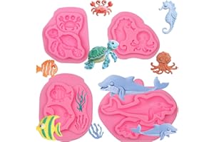 Marine Turtle Fish Fondant Molds Silicone, 4 Packs Sea Coral Dolphin Chocolate Molds for Sea Theme Cake Decoration Cupcake To