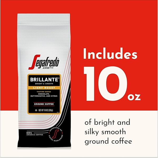 SEGAFREDO ZANETTI GROUND COFFEE – MADE WITH ARABICA COFFEE – LIGHT ROAST, SILKY SMOOTH WITH FLORAL NOTES – BLEND OF COLOMBIAN AND SUMATRAN ARABICAS – BRIGHT, MEDIUM-BODIED – BRILLANTE, 10OZ BAG