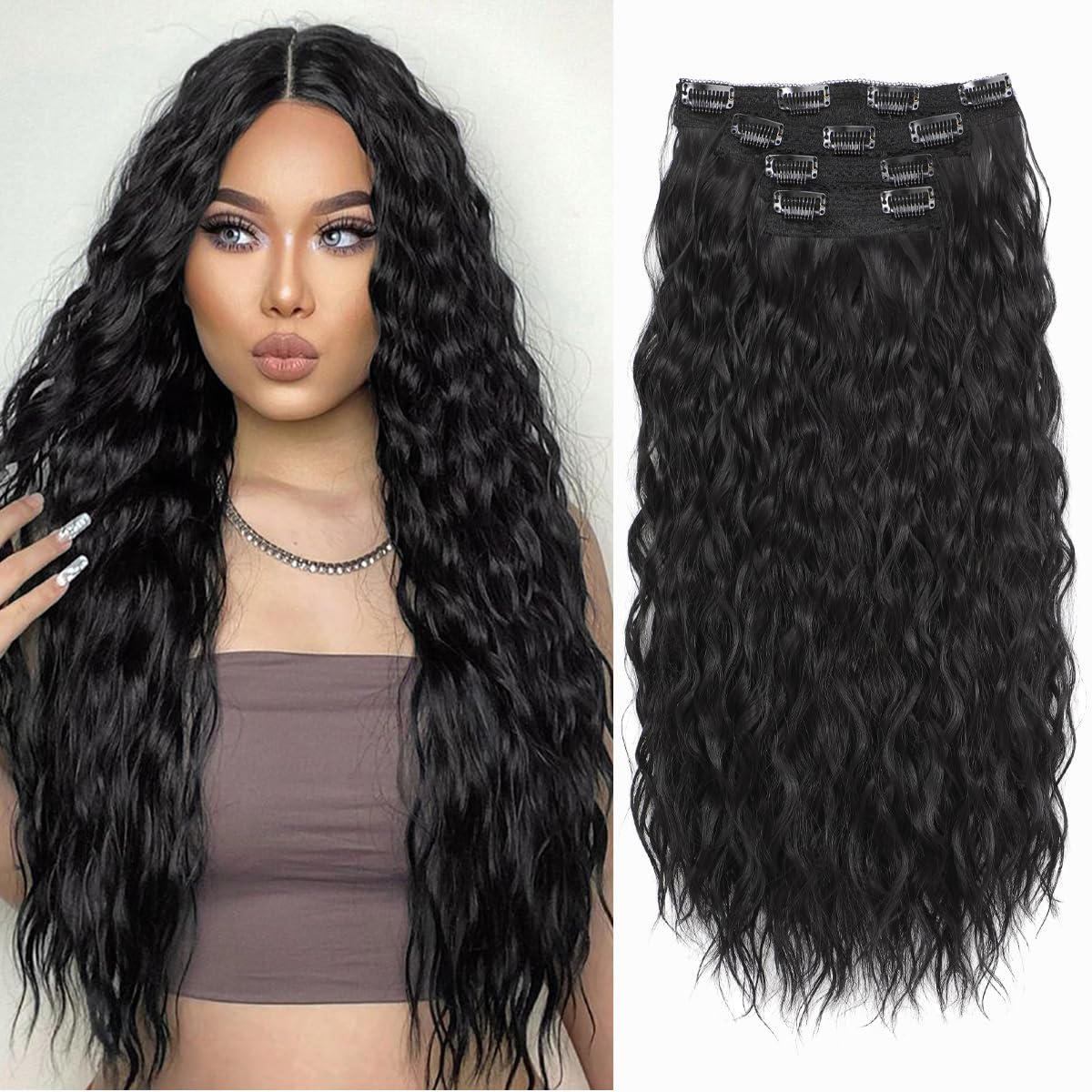 VEGALILY Upgrade 20inch Hair Extensions 4PCS Curly Hair extensions Clip in Black Brown hair Extension for Full Head Soft Hairpieces for Women — image 1