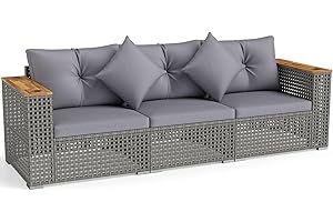 Tangkula 86.5" Large 3-Seat Patio Wicker Sofa, 3 Pieces PE Rattan Sectional Furniture Set with Cup Holder & Wood Armrest, Out