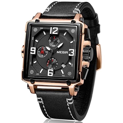 MEGIR Herren Uhren Rechteckig Schwarz Leder Armband Wasserdicht - Analog Chronograph Männer Uhren - Sport Rose Gold Edelstahl