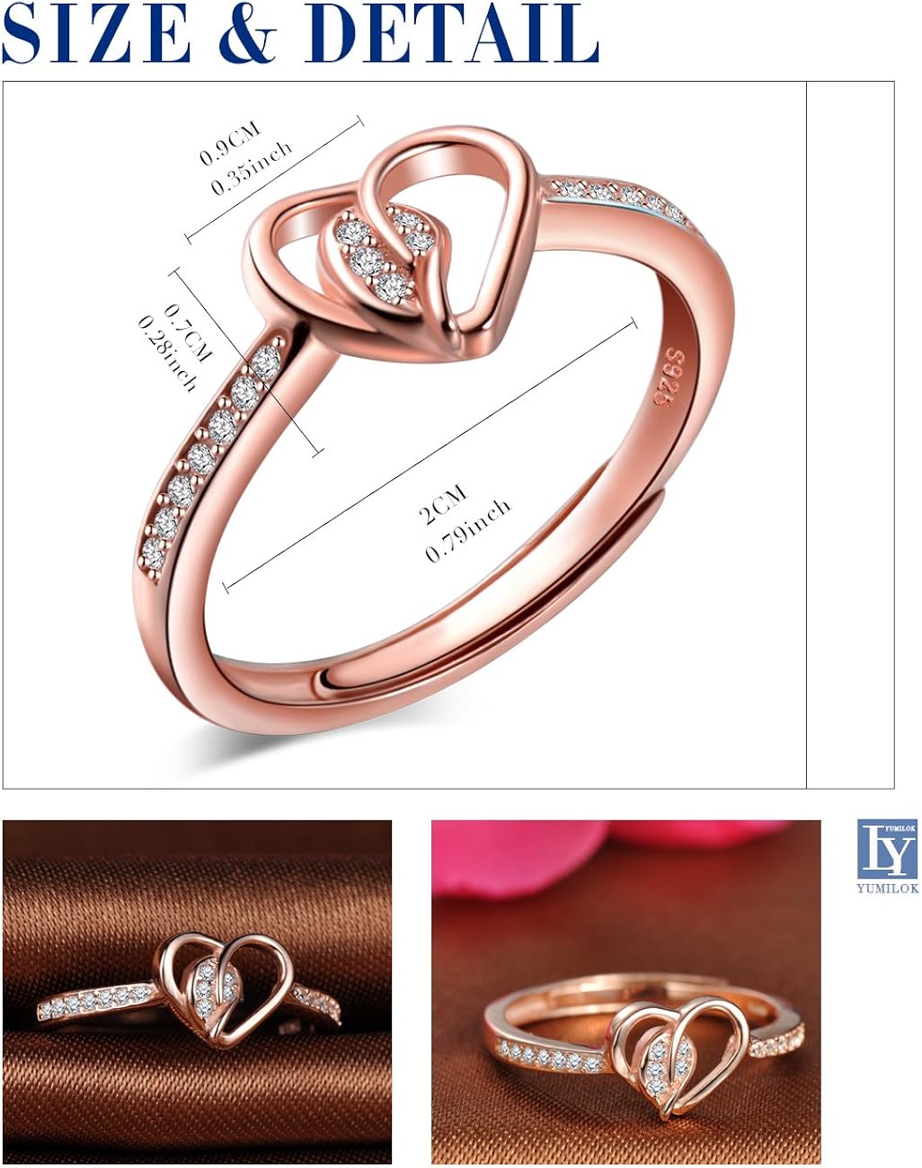 Yumilok Jewelry 925 Sterling Silver Cubic Zirconia Hollow Hearts Polished Adjustable Ring for Women/Girls, Rose Gold Plated - Image 3