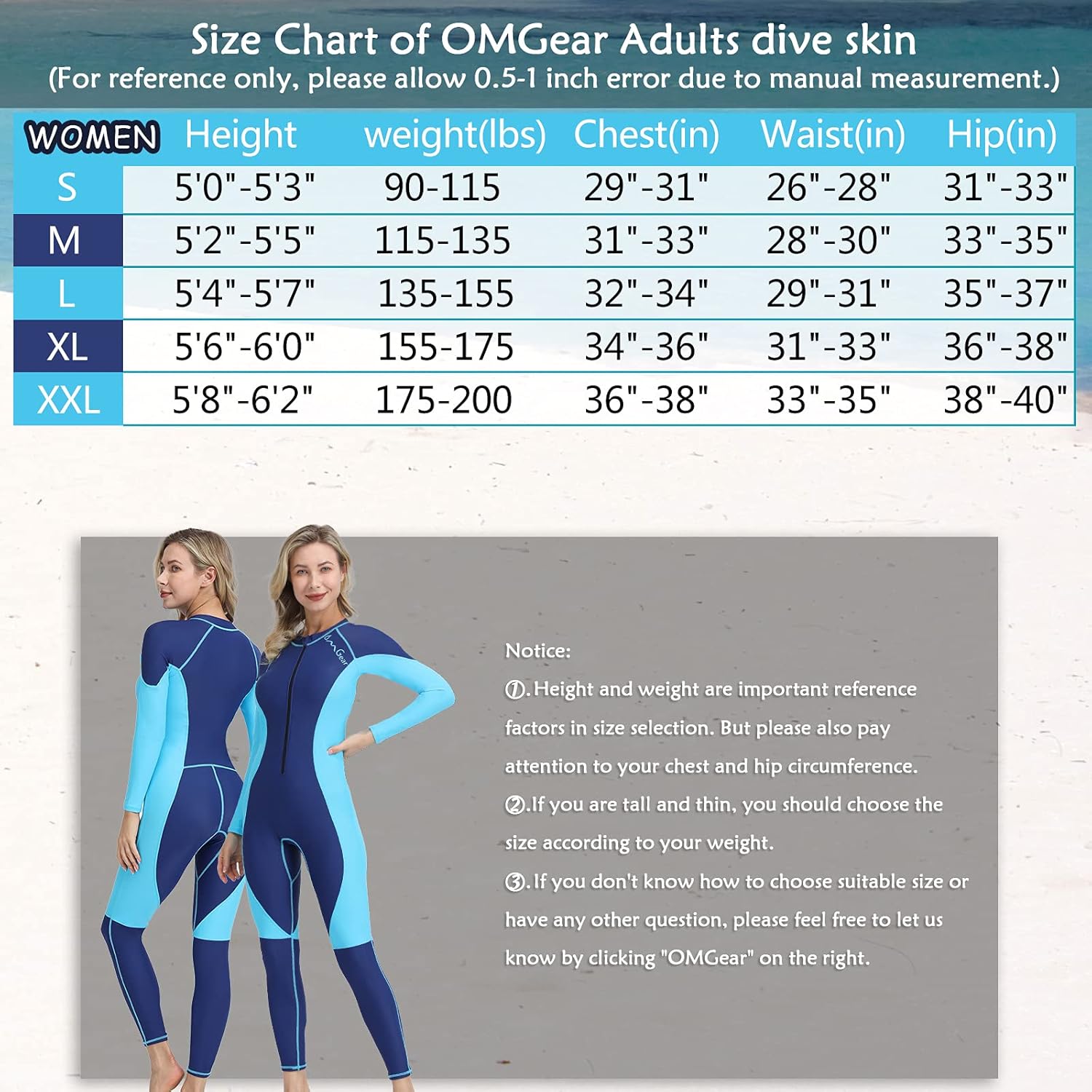OMGear Rash Guard Full Bodysuit Dive Skin Women Men UV Protection One Piece Swimsuit Long Sleeve Spandex Thin Wetsuit Front Zipper for Scuba Diving Snorkeling Swimming Kayaking Water Sports : Sports & Outdoors