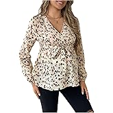 MakeMeChic Women's Maternity Blouse Long Sleeve V Neck Wrap Tops Ruffle Belted Maternity Clothes
