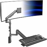 VIVO Ultrawide Wall Mount with Tray, Up to 49 in Screens, MOUNT-V120KB35C | Black, Sit-Stand Heavy Duty Monitor Wall Mount, Height Adjustable Keyboard &amp; Mouse Tray, Pneumatic Arm Computer Workstation