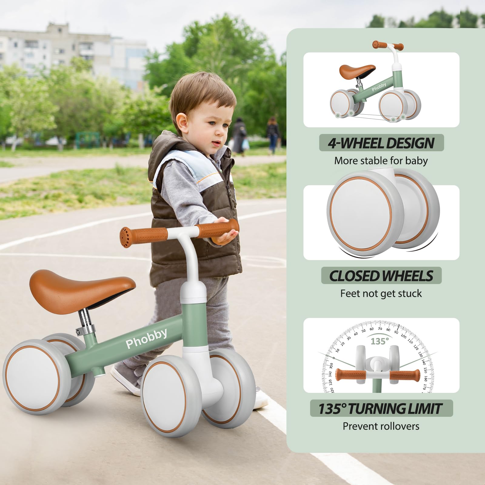 Phobby Baby Balance Bike for 1 2 Years Old Boys Girls, 4 Wheels Toddler Bike with Adjustable Seat, 12-24 Months Kids First Birthday Toy Gift