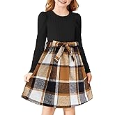 Arshiner Girls Dresses Puff Long Sleeve Rib Knit Plaid Patchwork Belted Holiday Dress with Pockets