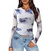 ZESICA Womens 2026 Spring Floral Mesh Going Out Tops Long Sleeve Crewneck Slim Fit Ruched Y2k Shirt Beach Vacation Outfit