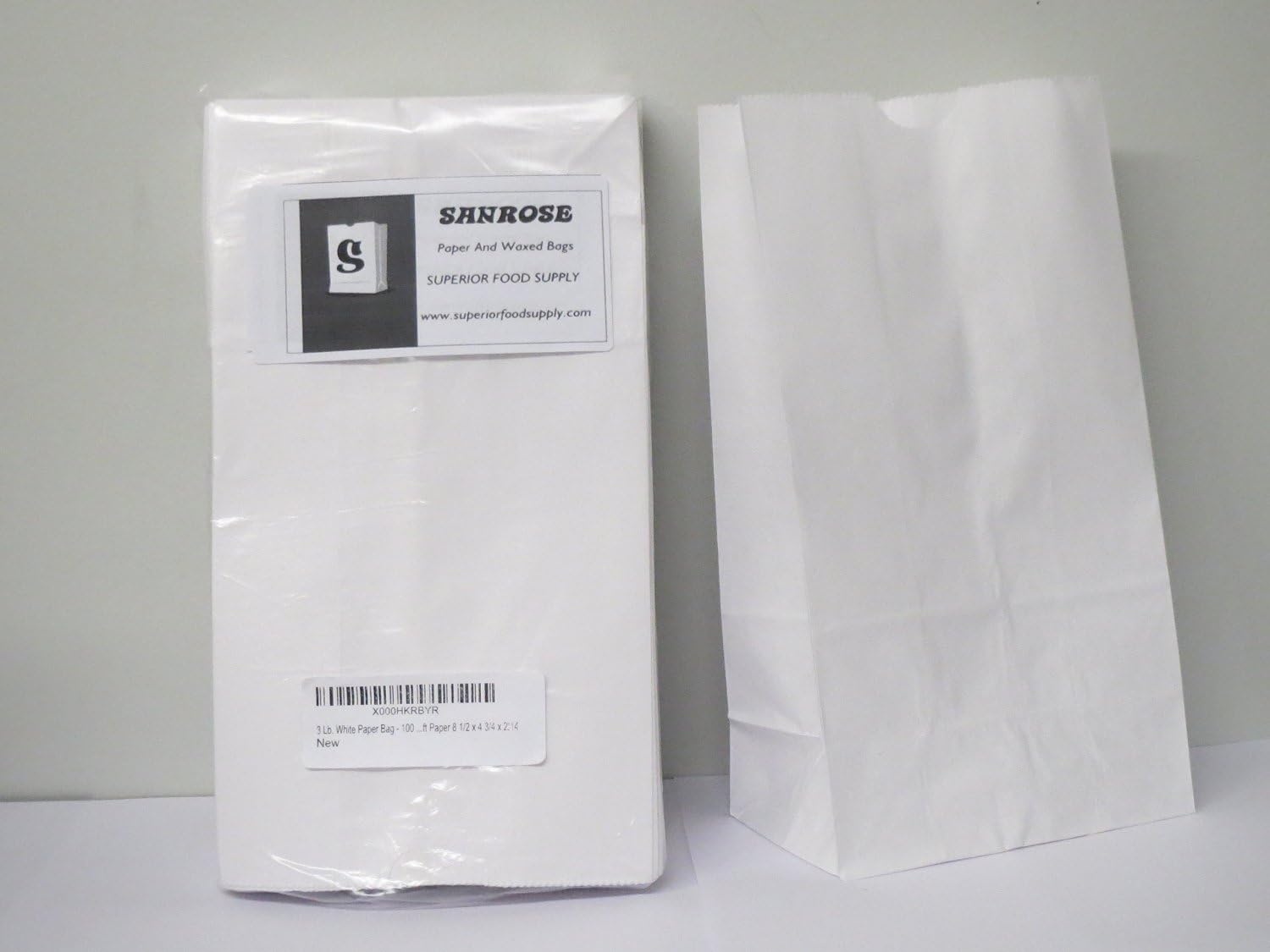 3 Lb. SANROSE White Paper Bag -Appx. 200 pc. 2 pack of 100 Per Pack. Rainbow Bags, White Uncoated Kraft Paper 8 1/2 X 4 3/4 X 2.14-