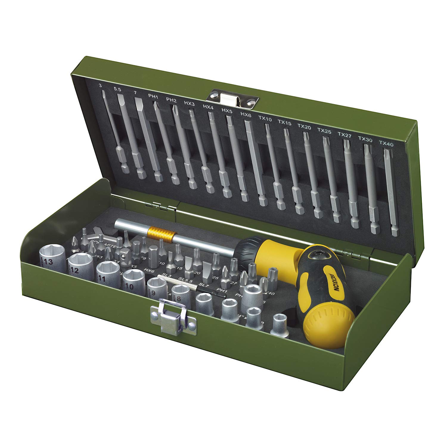 Proxxon 23104 23 104 Ratchet Bits Set with Screwdriver, Socket Spanner Inserts, Magnetic Holder, Special Insert for Working with Electric Screwdriver or Drill, 54 Pieces, Grey