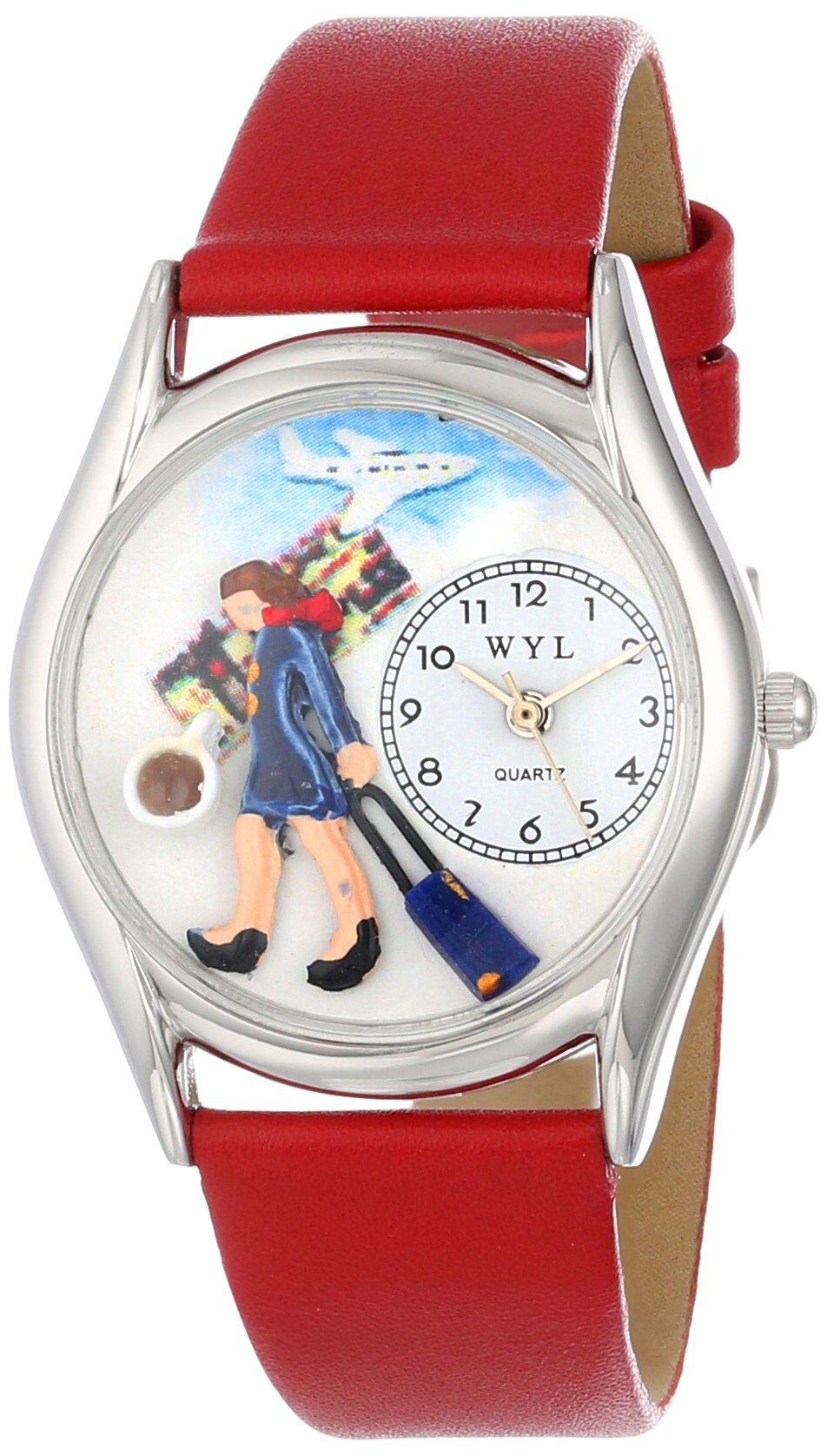Whimsical Watches Flight Attendant Red Leather and Silvertone Unisex Quartz Watch with White Dial Analogue Display and Multicolour Leather Strap S-0630004