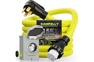 Campzlly 50 Amp Generator Cord 15FT and Power Inlet Box, NEMA 14-50P Male to SS2-50R 125/250V Twist Lock Connector with Pre-Drilled NEMA SS2-50P Generator Inlet Box for Generator to House, ETL Listed