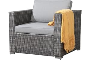 Patiorama Patio Single Sofa, Outdoor Armchair, All-Weather Grey PE Wicker Rattan Sectional Sofa, Additional Chair for Furniture Set, Patio Seating for Balcony Garden Porch Pool (Light Grey Cushion)