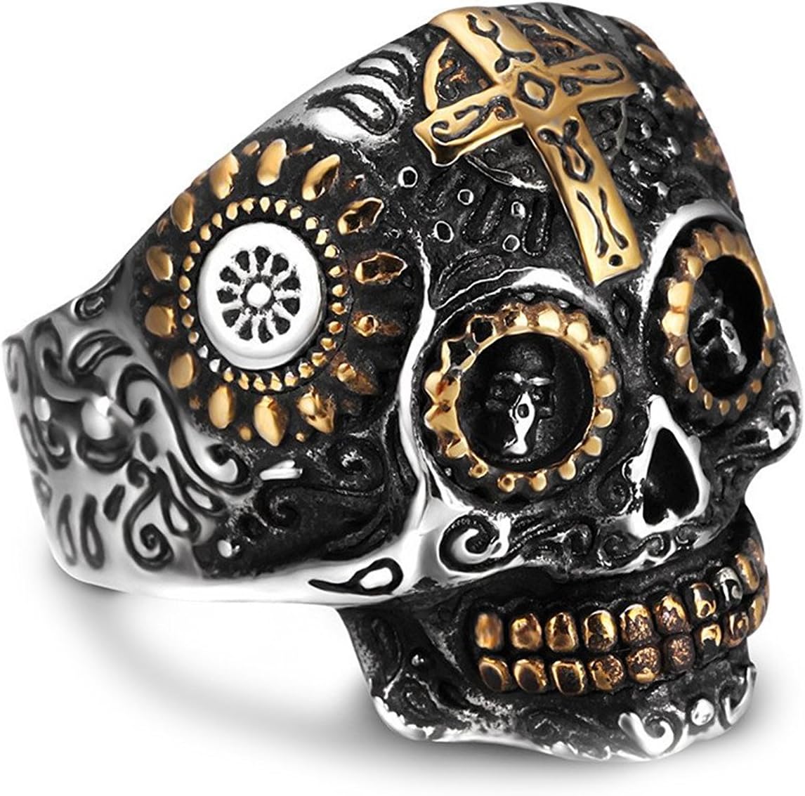 LOVFASHMen's Stainless Steel Silver Gold Gothic Cross Skull Ring Green Eye Vintage Flower Carved Halloween