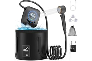 GOSCHE Portable Camping Shower, 8000mAh Rechargeable Outdoor Shower Pump with 20L Collapsible Bucket, Intelligent LED Display, IPX8 Waterproof Pump for RV, Travel, Hiking, Pet Bath, Beach