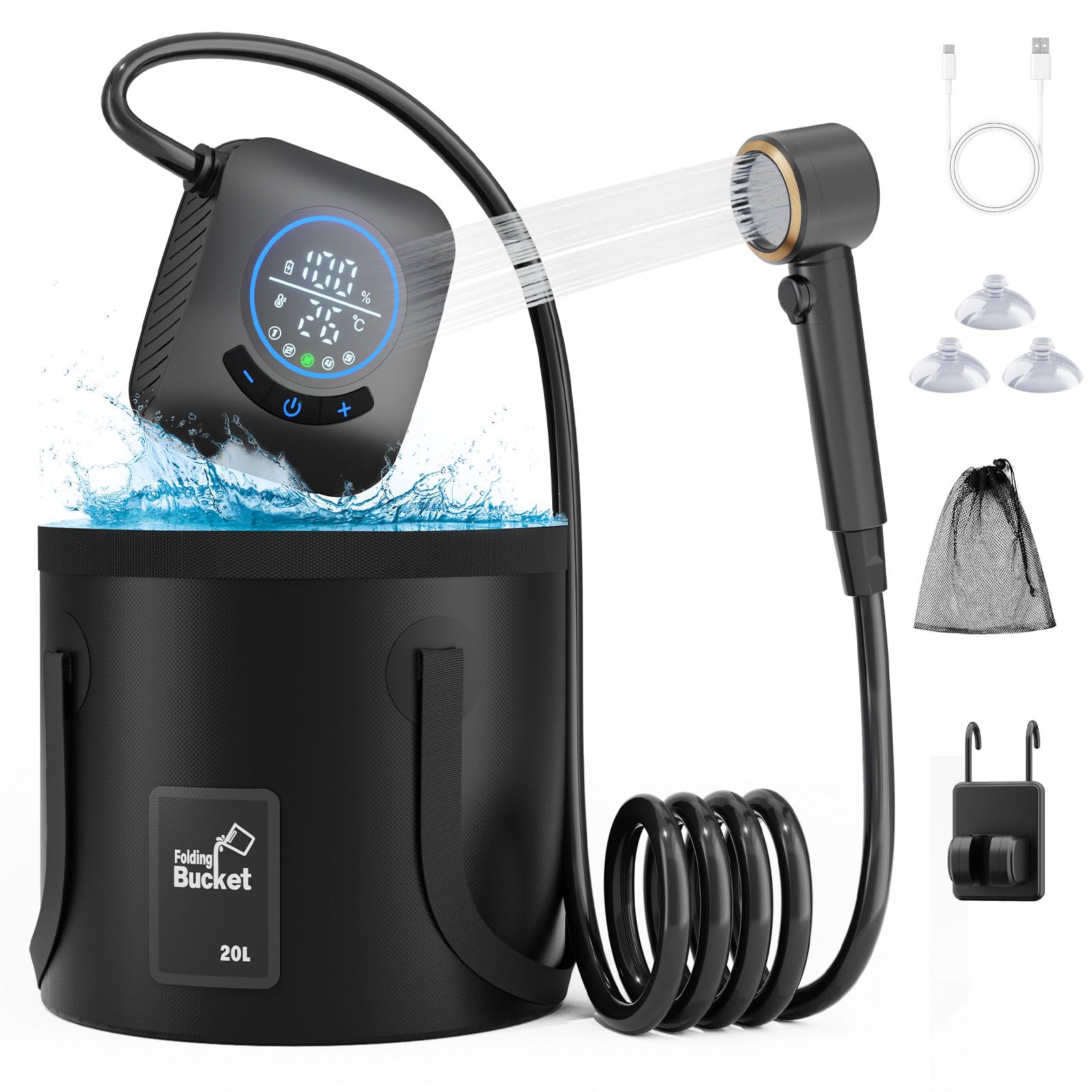 Photo 1 of GOSCHE Portable Camping Shower, 8000mAh Rechargeable Outdoor Shower Pump with 20L Collapsible Bucket, Intelligent LED Display, IPX8 Waterproof Pump for RV, Travel, Hiking, Pet Bath, Beach