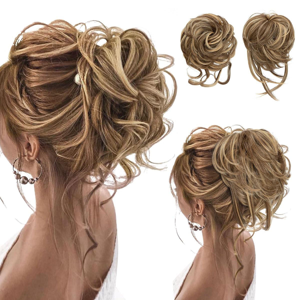 Photo 1 of SARLA 2PCS Messy Bun Hair Pieces for Women Wavy Curly Synthetic Hairpieces for Updos with Tendrils Fake Scrunchies Ponytail Extension Bernstein Multi