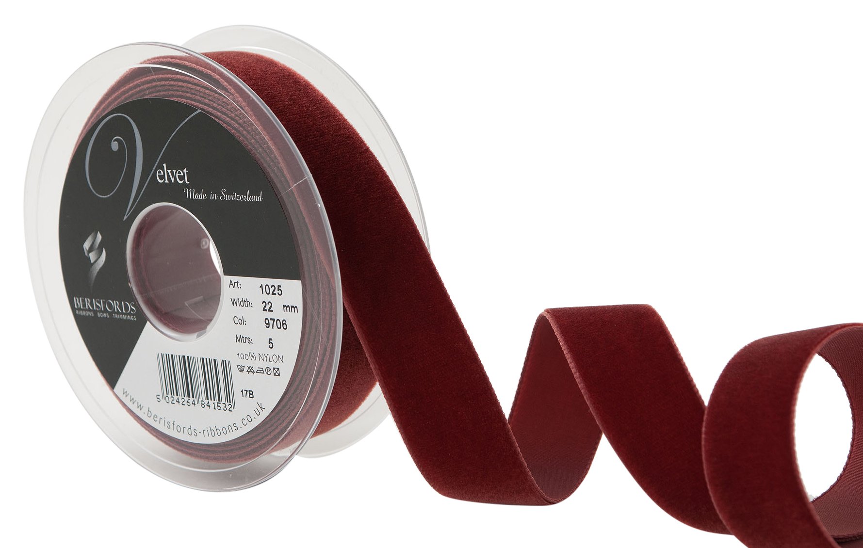 Berisfords Velvet Ribbon, Havane, 22mm width x 5m