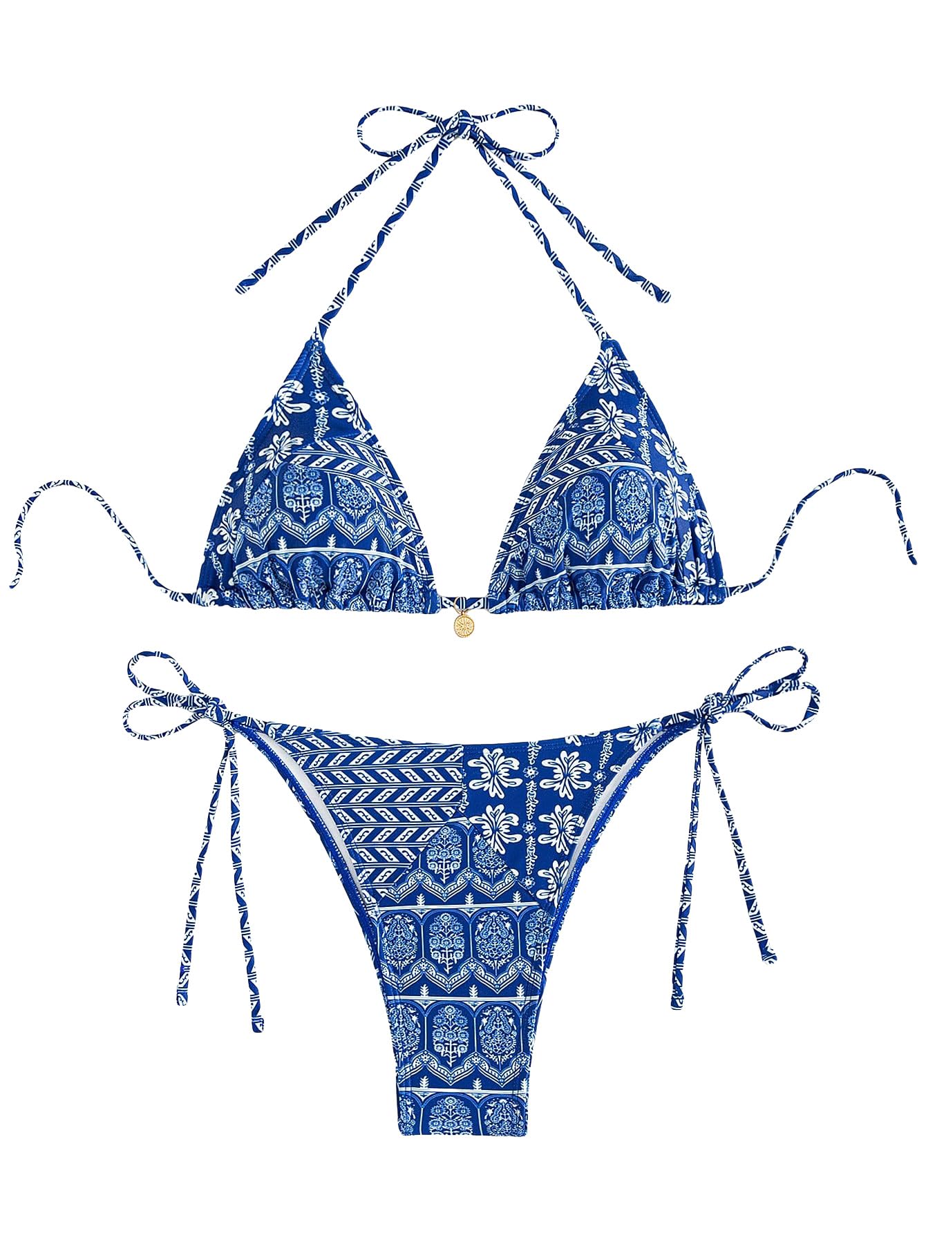 Photo 1 of SOLY HUX High Waisted Bikini Sets for Women 2 Piece Bathing Suits Tie Side Triangle Swimsuits Blue and White S