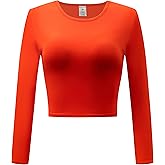 OThread & Co. Women's Long Sleeve Crew Neck Crop Top Basic Comfy Stretch Tee