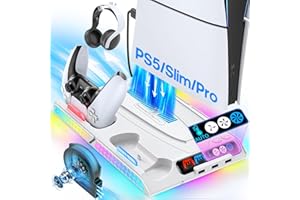 Gersker Cooling Station and Stand for PS5/Slim/Pro, PS5 Cooling Fan Auto Control for Digital/Disc Console, PS 5 Controller Charger, Play 5 Gaming Accessories with 9 RGB Lights, 4-Speed Levels, 3 USB