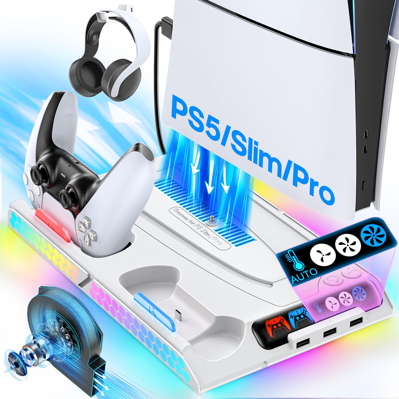 Gersker Cooling Station and Stand for PS5/Slim/Pro, PS5 Cooling Fan Auto Control for Digital/Disc Console, PS 5 Controller Charger, Play 5 Gaming Accessories with 9 RGB Lights, PS5 Charger