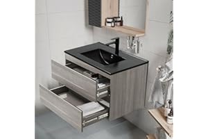 KSWIN 36" Grey Bathroom Vanity Wall Mounted Grey Floating Vanity Two Drawers Storage Cabinet with Black Ceramic Integrated Sink
