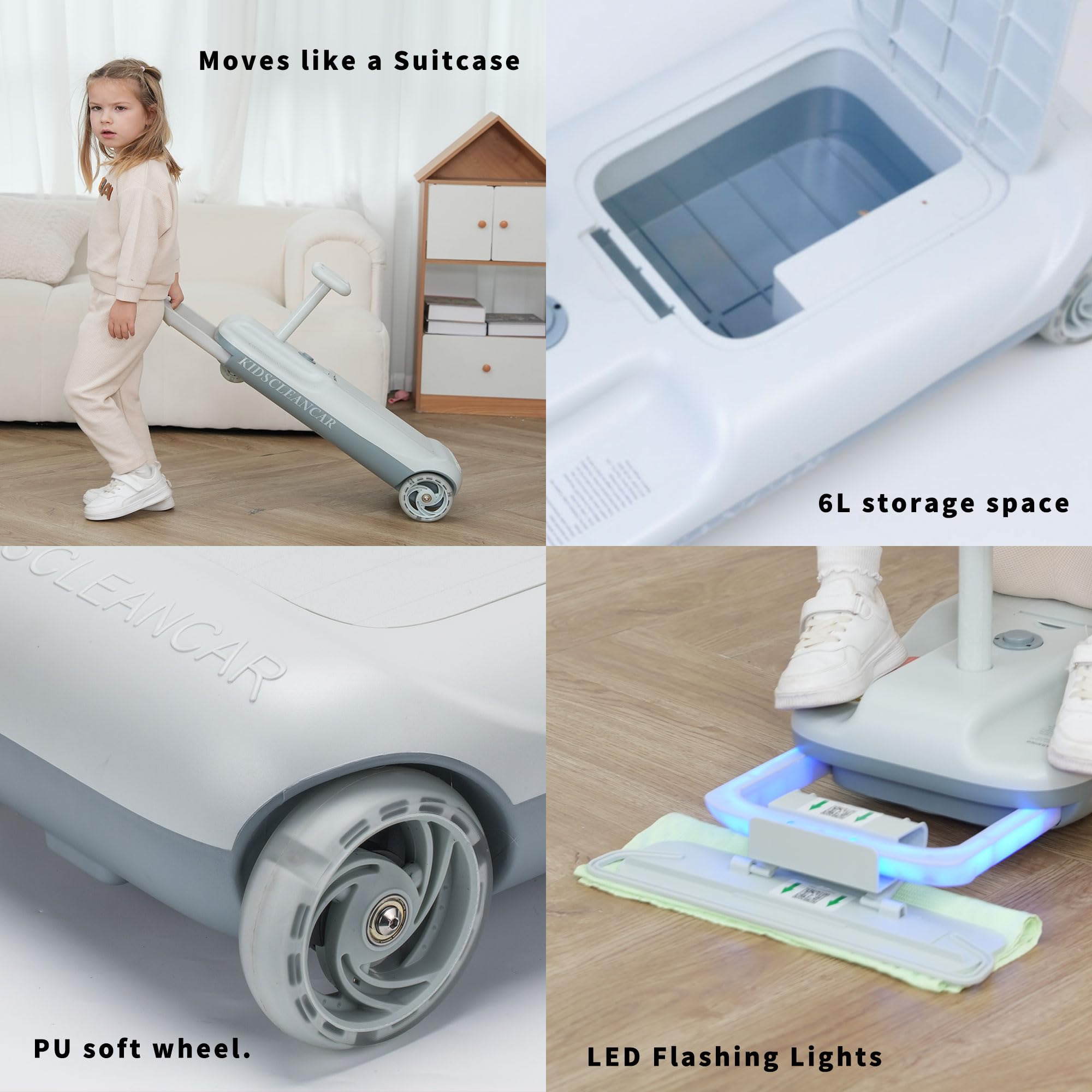 kidscleancar 12V Ride-On Car with Cleaning Fun, 3 in 1 Gokart, Soft-Start, 5-Speed Adjustable, Detachable mop, Rechargeable Battery, 160lbs Capacity, Indoor & Outdoor for Kids Ages 3+ Gray