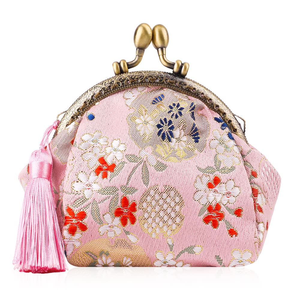 Oyachic Coin Purse Buckle Clasp Purses Kiss Lock Bag Vintage Pouch Girl Change Purse Clasp Handbags Flower Wallets for Women (Pink)