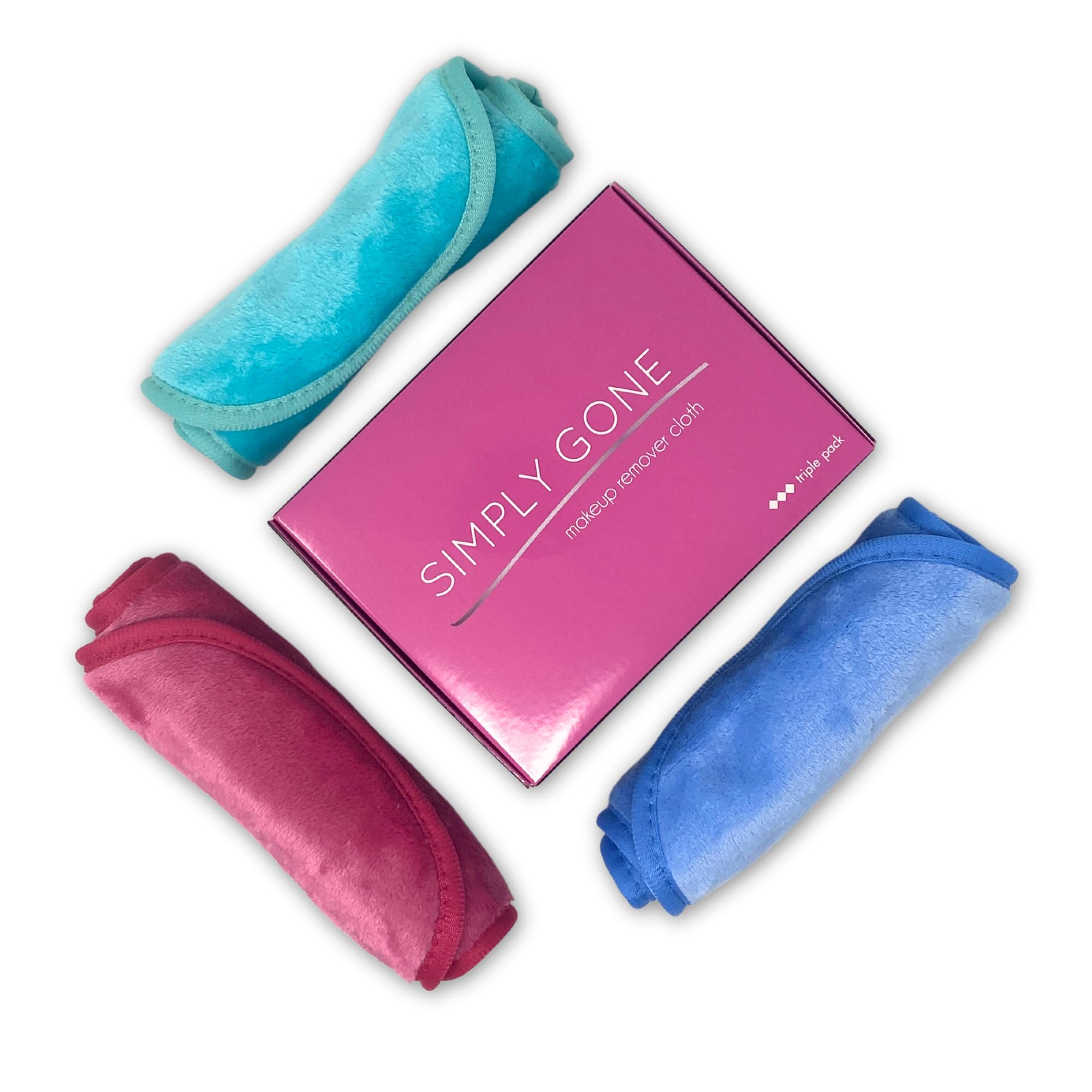 Simply Gone Make Up Remover Cloth (3 Pack). Large Reusable Microfibre Face Cloth removes all makeup, even waterproof mascara. Ideal for Sensitive Skin. (Blue, Pink & Turquoise)