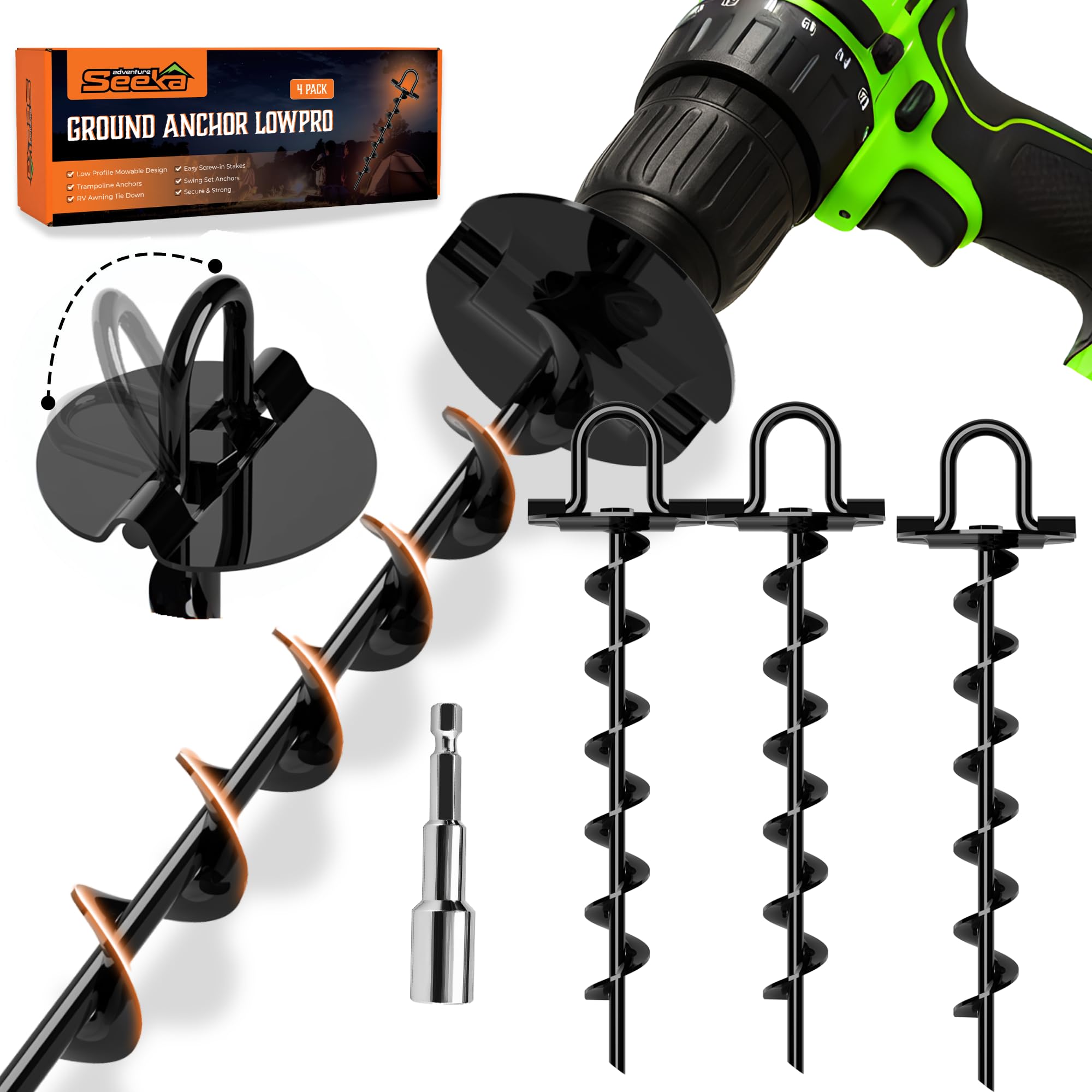Photo 1 of Ground Anchors Low Profile, 4 Pack Heavy Duty, Ground Anchors Screw in, Swing Set Anchors, Trampoline Anchors High Wind, Tent Stakes, Car Ports, Canopies.