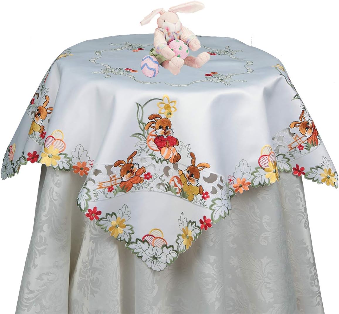 Creative Linens Embroidered Easter Bunny Egg Floral Tablecloth 33" Square White